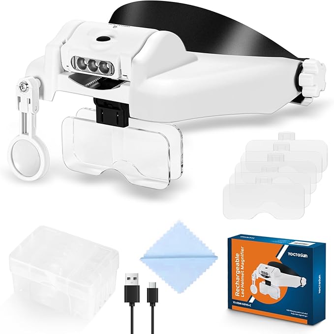 YOCTOSUN LED Headband Magnifier, Rechargeable Illuminated Magnifying Visor -1X to 14X Zoom, Hands Free Head Mounted Magnif...