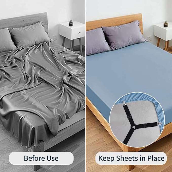 Sopito Sheet Straps, Adjustable Bed Sheet Suspenders Max Stretch from 29.5 in to 82.7 in Compatible for Crib to King Size Bed, Non Slip Holder Fasteners Clips, 2pcs/Black