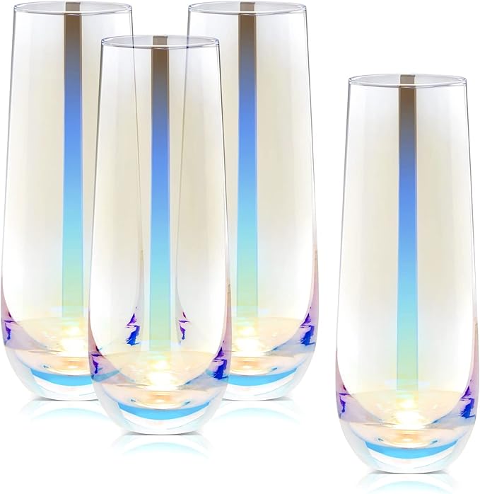 Sparkle and Bash Iridescent Stemless Champagne Flutes & Mimosa Glasses, Set of 4-10 oz Capacity Modern Holographic Drinkwa...