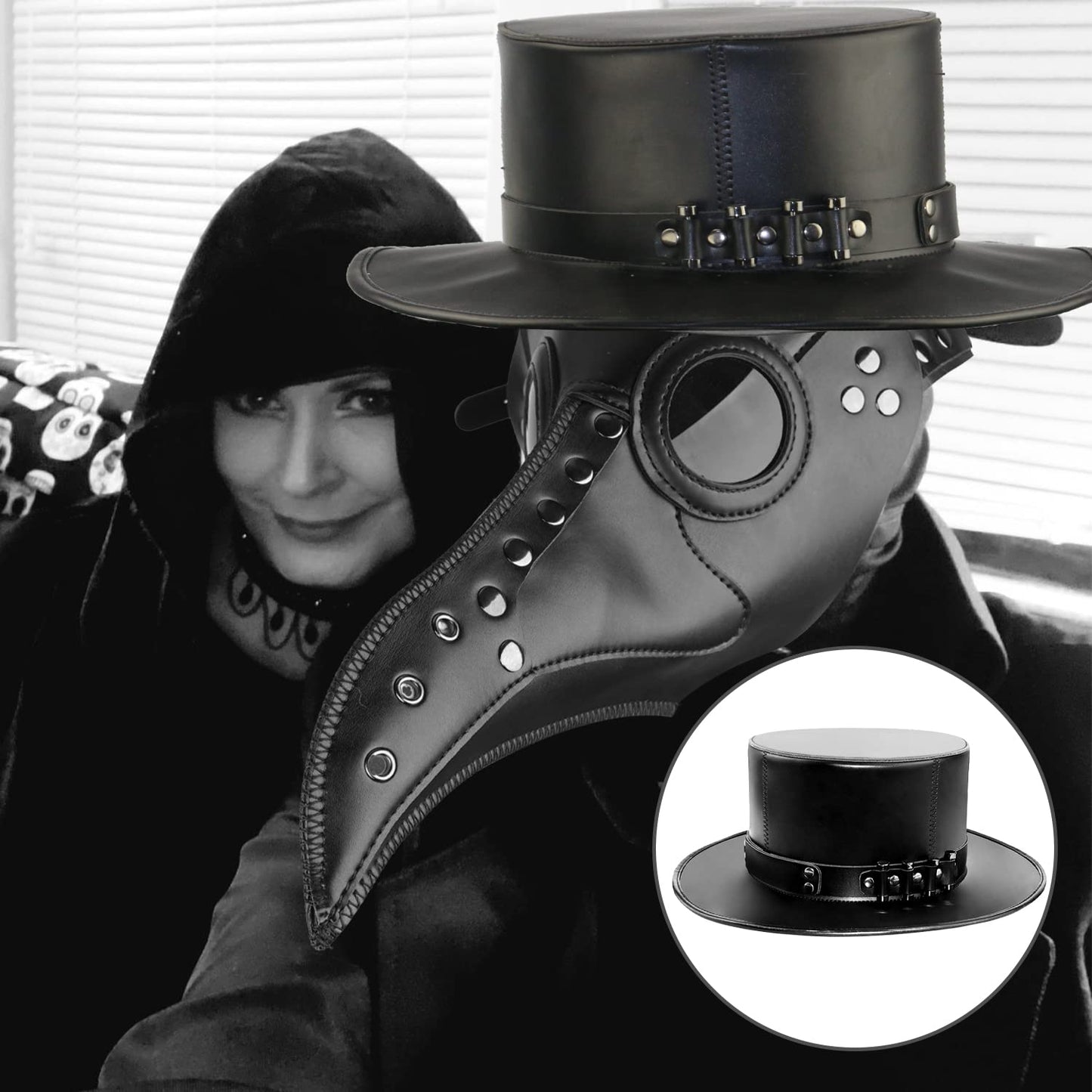 Azurtis Black Leather Plague Doctor Hat Vintage Flat Top Dress Up Hat Steampunk Halloween Top Hat