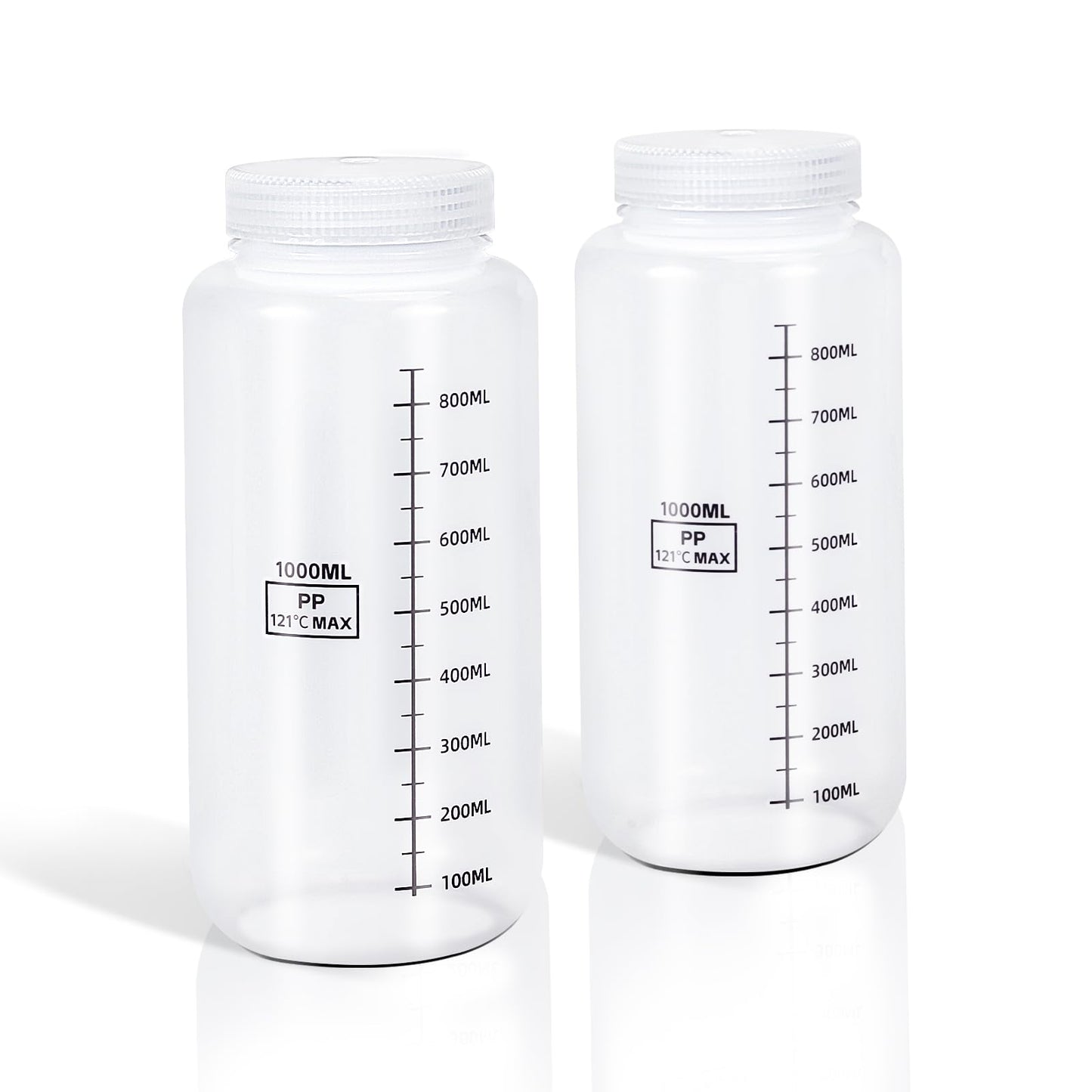 DEMORA Plastic Bottles with Airtight Caps 32oz/1000ml, Food Grade Wide Mouth Liquid Containers, Reusable PP Graduated Plastic Bottles for Water Sample Lab Reagent Liquids Mixing (Clear, 2 Pcs)