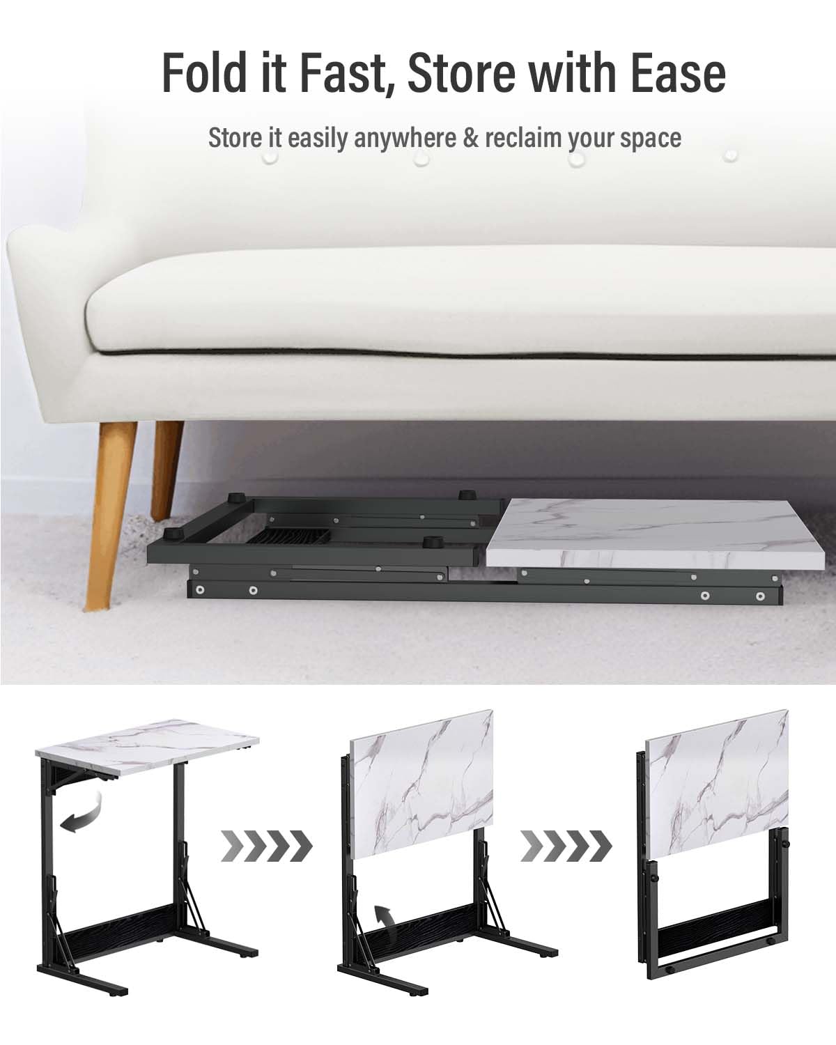 Tatub 24" Folding TV Tray Table, Marble C Shaped End Table for Couch, Small Sofa-Side Laptop Desk with Black Metal Frame for Living Room, Bedroom, Bedside