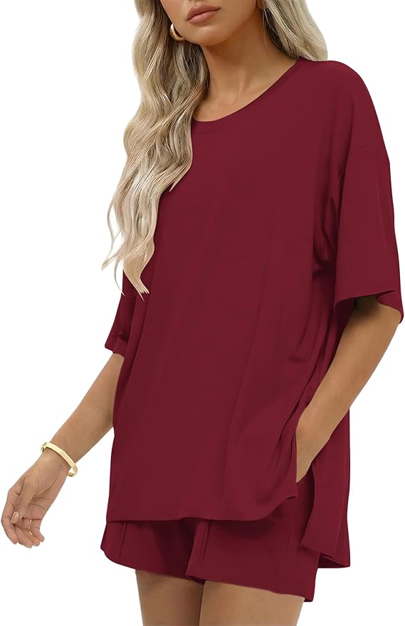 Ekouaer Womens 100% Cotton 2 Pieces Short Sets Summer Short Sleeve Outfits Casual Maching Lounge Set with Pockets