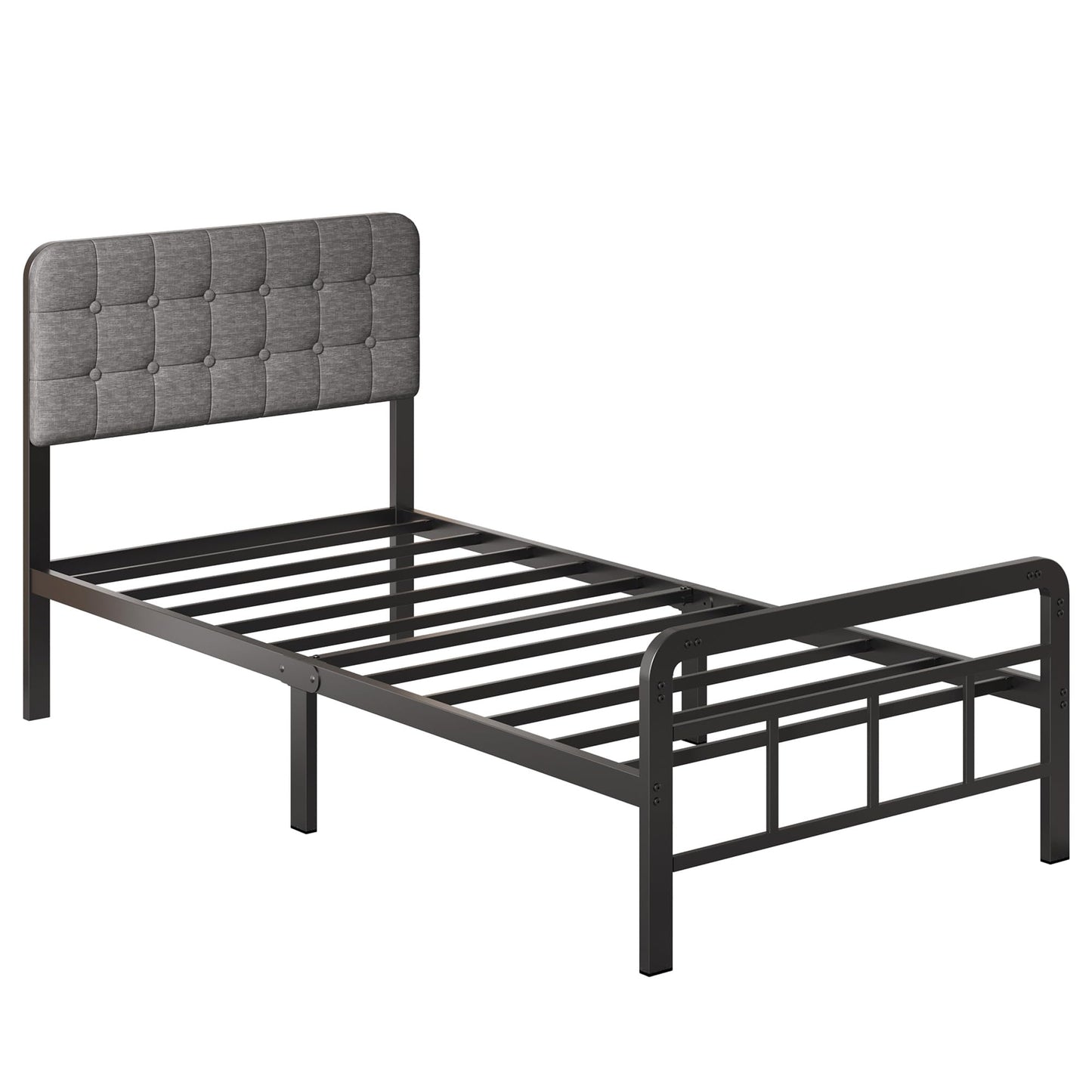 Lutown-Teen 12 Inch Twin XL Bed Frames with Upholstered Headboard and Metal Footboard, No Box Spring Needed, Heavy Duty XL Twin Metal Mattress Foundation, Noise Free, Easy Assembly