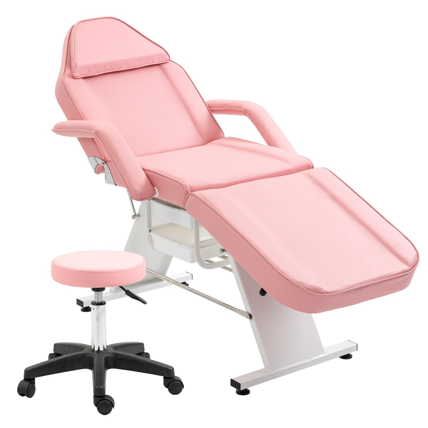 KEIKI Massage Salon Tattoo Chair Esthetician Bed with 2 Tray, Hydraulic Stool, Wide Leg Multi-Purpose 3-Section Facial Bed Table with Adjustable Barber Spa Beauty Equipment, Easy Assembly, Pink