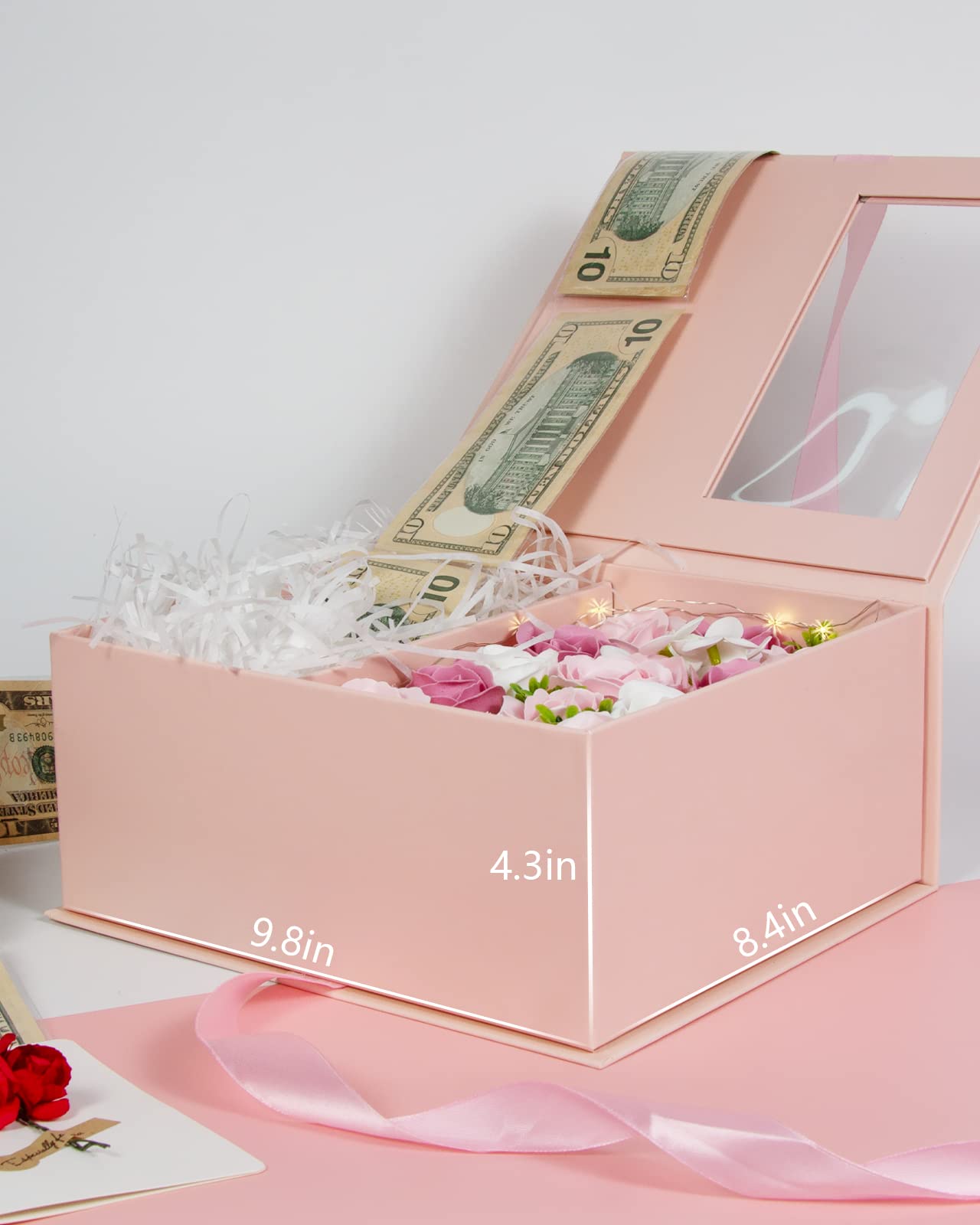 SDALU Money Pull Box for Cash Gift - Luxury Money Pull Out Flower Gift Box with Lid Flower and Ribbon, Unique Birthday Gift Box for Wife, Girlfriend, Mother, Friend