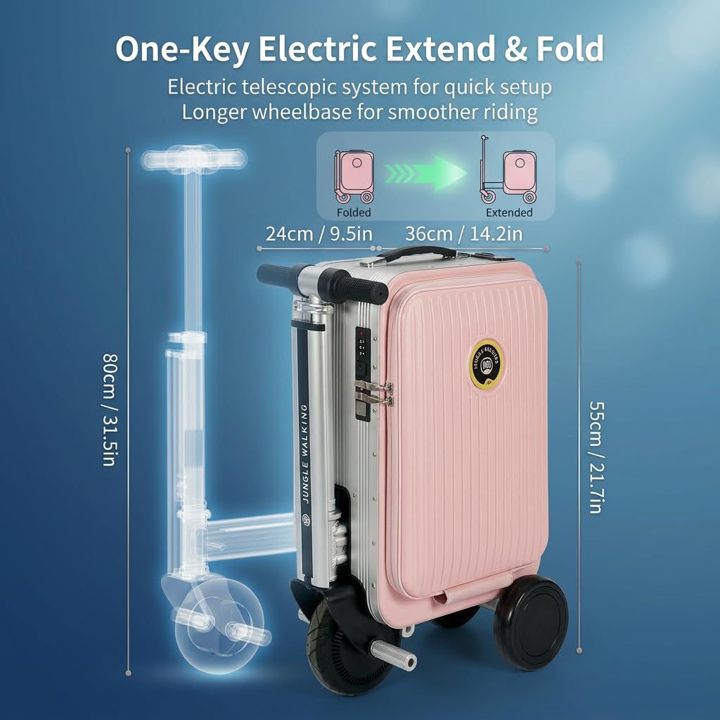 Pink Rideable Suitcase for Adults & Kids, 20" Carry On Electric Luggage with 250W Motor, 8 MPH, 5 Miles Range, Removable 93.6Wh Battery, TSA Lock, USB Charging, Max Load 240 lbs