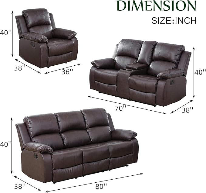 Caberryne Leather Recliner Sofa Set，Leather Reclining Couch for Living Room Furniture Sets，Brown Recliner Couch with 5 Recliners for Living Room/Office/Theater Seating(Sofa Set 3 Pieces)