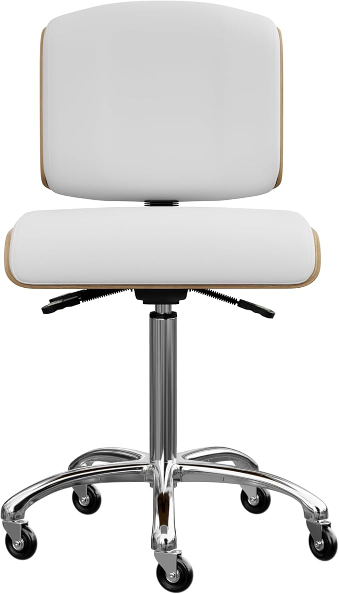 Spa Numa Bentley Beauty Esthetician Nail Salon Stool Rolling Chair with Adjustable Backrest, Flat Square Seat, Metal Bar, Vegan Leather Upholstery for Beauty Exam Office and Home - 1071 (White)