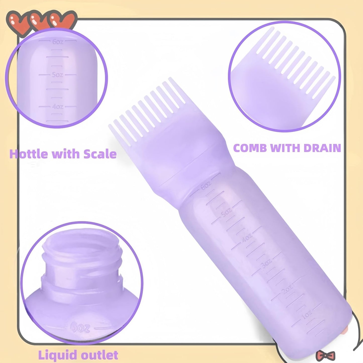 FXSPLCZ 2 Pack Root Comb Applicator Bottle Oil Applicator for Hair Dye Hair Oiling Bottle with Graduated Scale, 6 Ounce (Purple