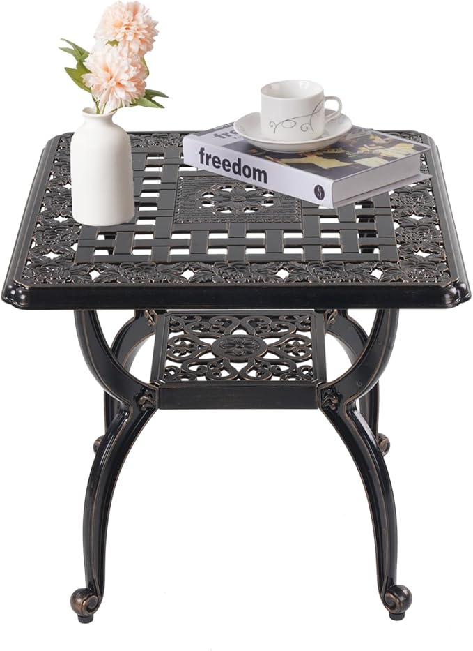 WILOUNGE Cast Aluminum Outdoor Side Table,Small Patio Table,Outdoor Coffee Tables for Patio,Garden,Balcony, for All Weather (Copper, Square)