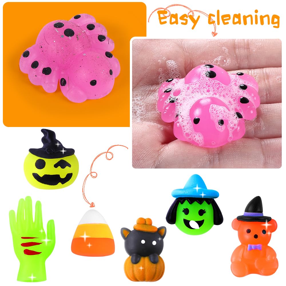 Vellibring 36 PCS Halloween Mochi Squishy Toys with Pumpkin Bucket, Kawaii Squishies Mini Stress Relief Toys Glow in The Dark for Halloween Party Favors Treat Goodie Bags Stuffers for Kids Girls Boys