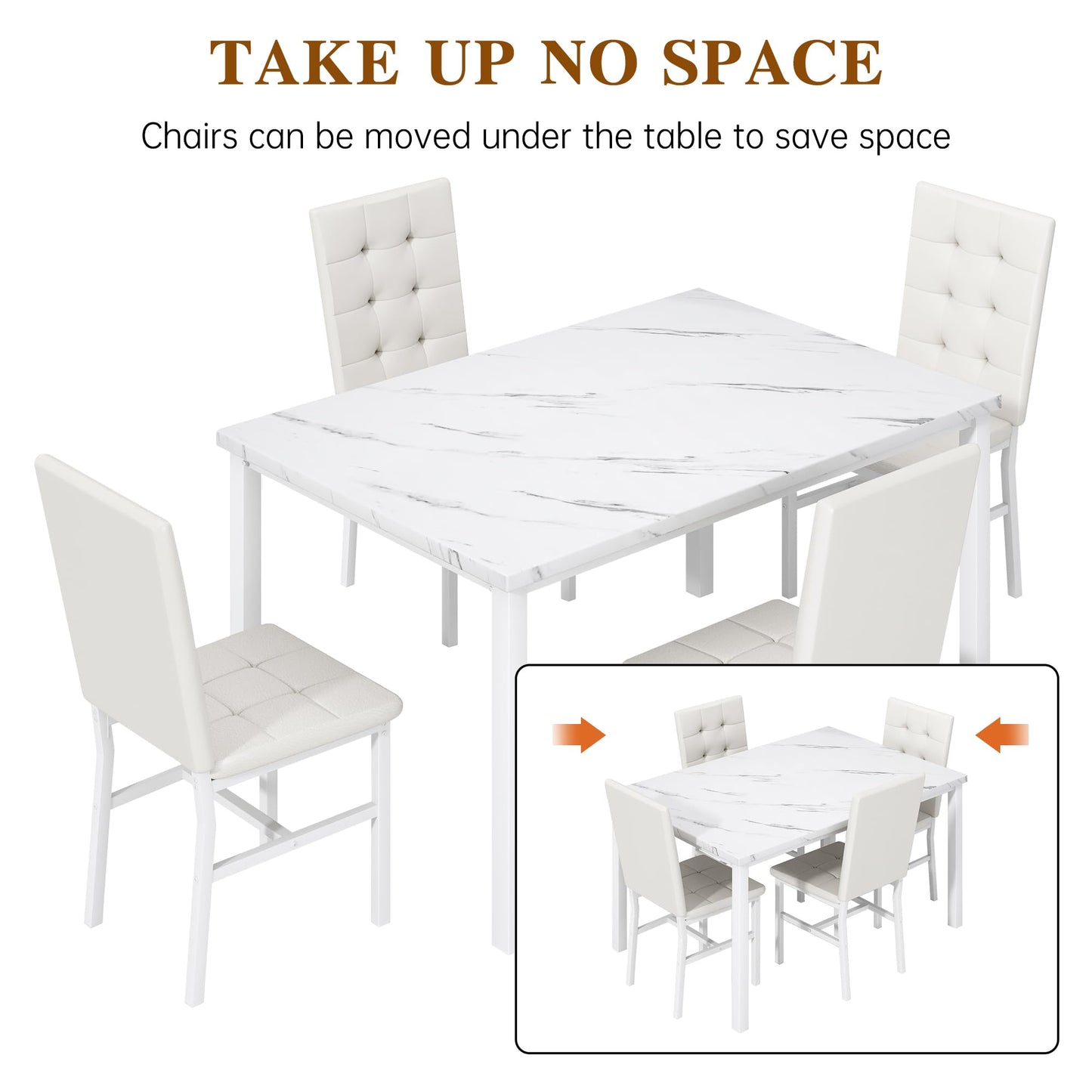 AWQM Dining Table Set for 4,Faux Marble Kitchen Table and Chairs Set of 4, Modern Dining Room Table Set for 4,Dinner Table with 4 Leather Chairs, Dinette Set for Small Spaces,White