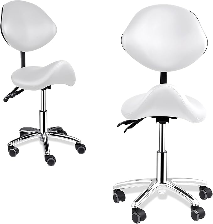 Saddle Stool with Back Support, 400lbs Adjustable Salon with Wheels, Heavy Duty Rolling Ergonomic Rolling Esthetician Seat for Home Office Salon Shop Dentist Clinic, for People 5 ft to5.8 ft Tall
