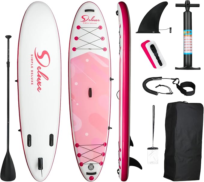Inflatable Stand Up Paddle Board – Simple Deluxe Premium SUP for All Skill Levels, Pink Paddle Boards for Adults & Youth, ...
