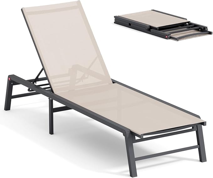 FHVIT Aluminum Chaise Lounge Chair Outdoor, Foldable Patio Lounge Chair Assemble-Free, Pool Lounge Chairs with 5 Adjustable Backrest, Outdoor Lounge Chairs for Outside Poolside Beach Lawn Beige