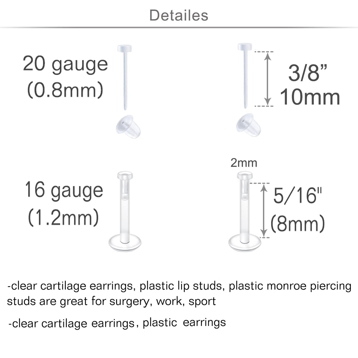 MODRSA 16g 20g Clear Cartilage Earrings Stud Plastic Earrings Lip Rings Push on Plastic Medusa Labret Piercing Retainer Flat Lab