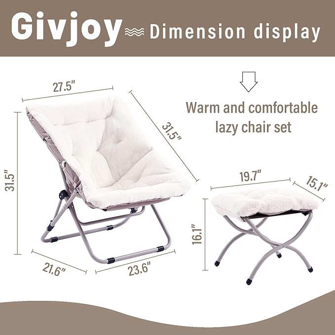 Givjoy Comfy Folded Chair with Ottoman, Oversized Folding Faux Fur Chair Soft Furry Lounge Lazy Chair with Metal Frame Moon Chair Accent Chair for Bedroom, Living Room, Dorm Rooms