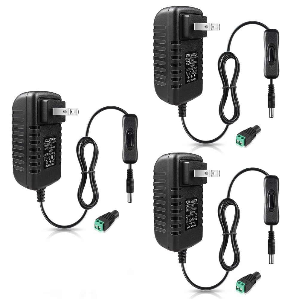 12V Power Supply, 12 Volt 3A 36W DC Power Supply with On Off Switch, Black Switching LED Power Adapter, AC 110V to 12V Transformer Plug for LED Strip Lights with 5.5/2.1 DC Female Connector, 3 Pack