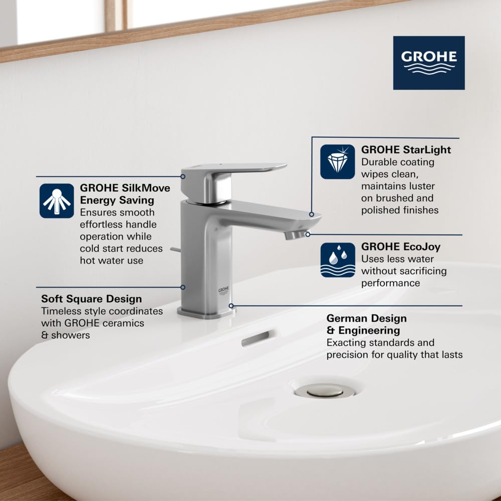 Grohe 1053490000 Cubeo Single Hole Single Handle S-Size Bathroom Faucet, Cold Start, 1.2 GPM, Starlight Chrome
