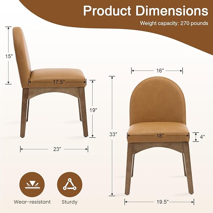 DUOMAY Modern Dining Chairs Set of 6, Mid Century Faux Leather Dining Room Chairs Upholstered Kitchen Chairs with Solid Rubberwood Legs, Armless Accent Side Chairs, Brown