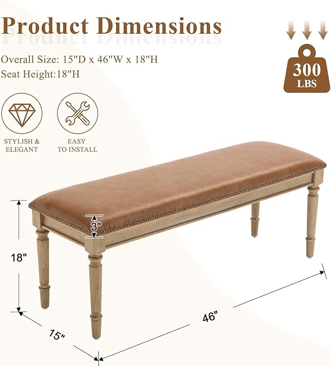 DM Furniture 46'' French Country Entryway Bench Wooden Faux Leather Upholstered Seat Dinng Bench with Nailhead Trim for Hallway End of Bed, Brown