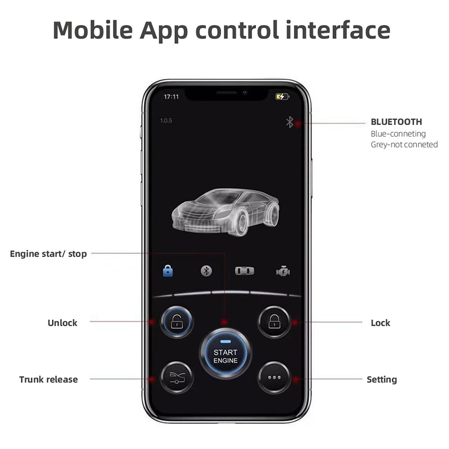 CHADWICK 12V Car Remote Start Stop Kit - PKE Keyless Entry, Bluetooth Control, Anti-Theft System, Model 886BT-X5