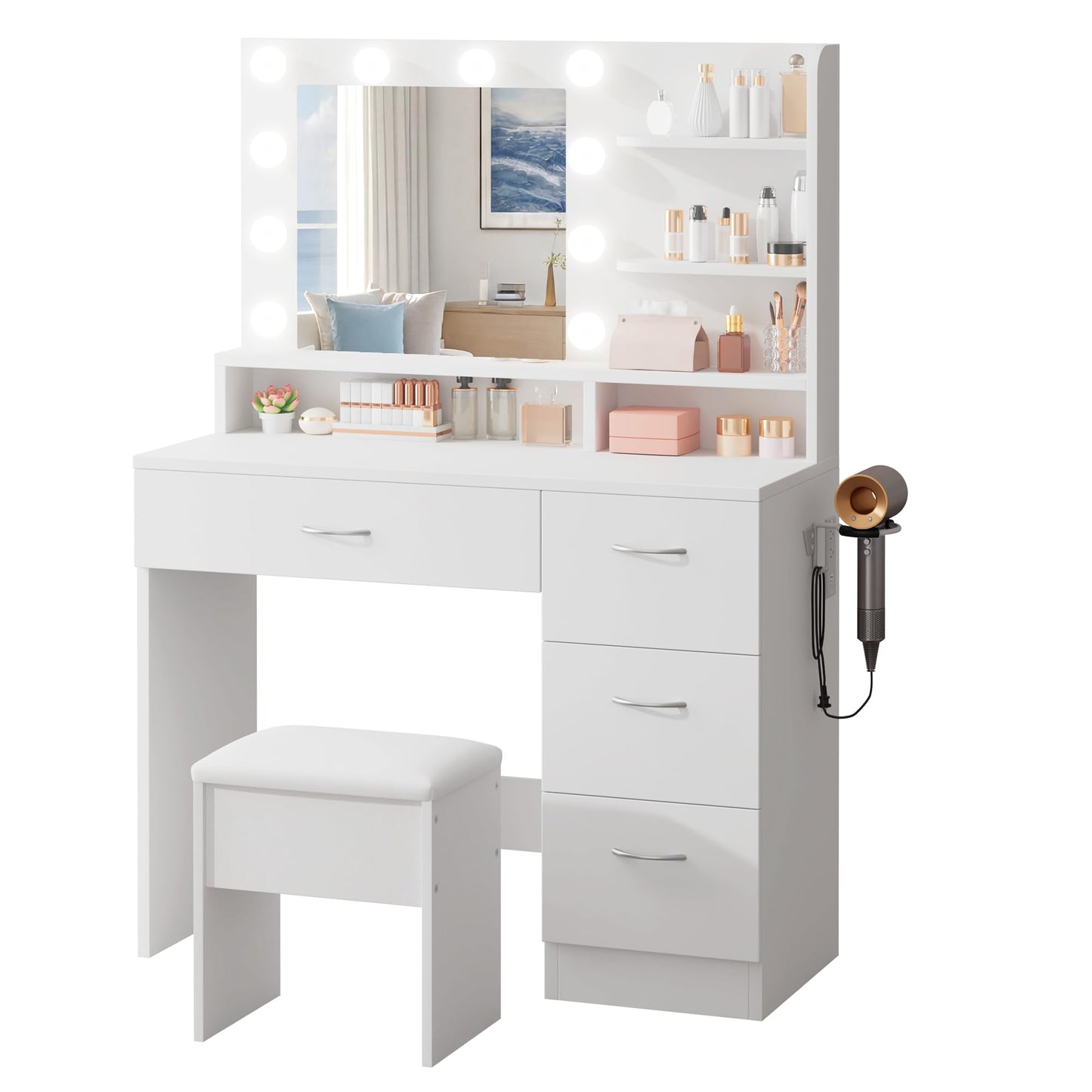LIVELYGLOW White Makeup Vanity with HD Mirror & 10 LED Bulbs, 34.3" Dressing Table with Charging Station, 4 Drawers, Hairdryer Rack & Cushion Stool, Modern Bedroom Vanity Set