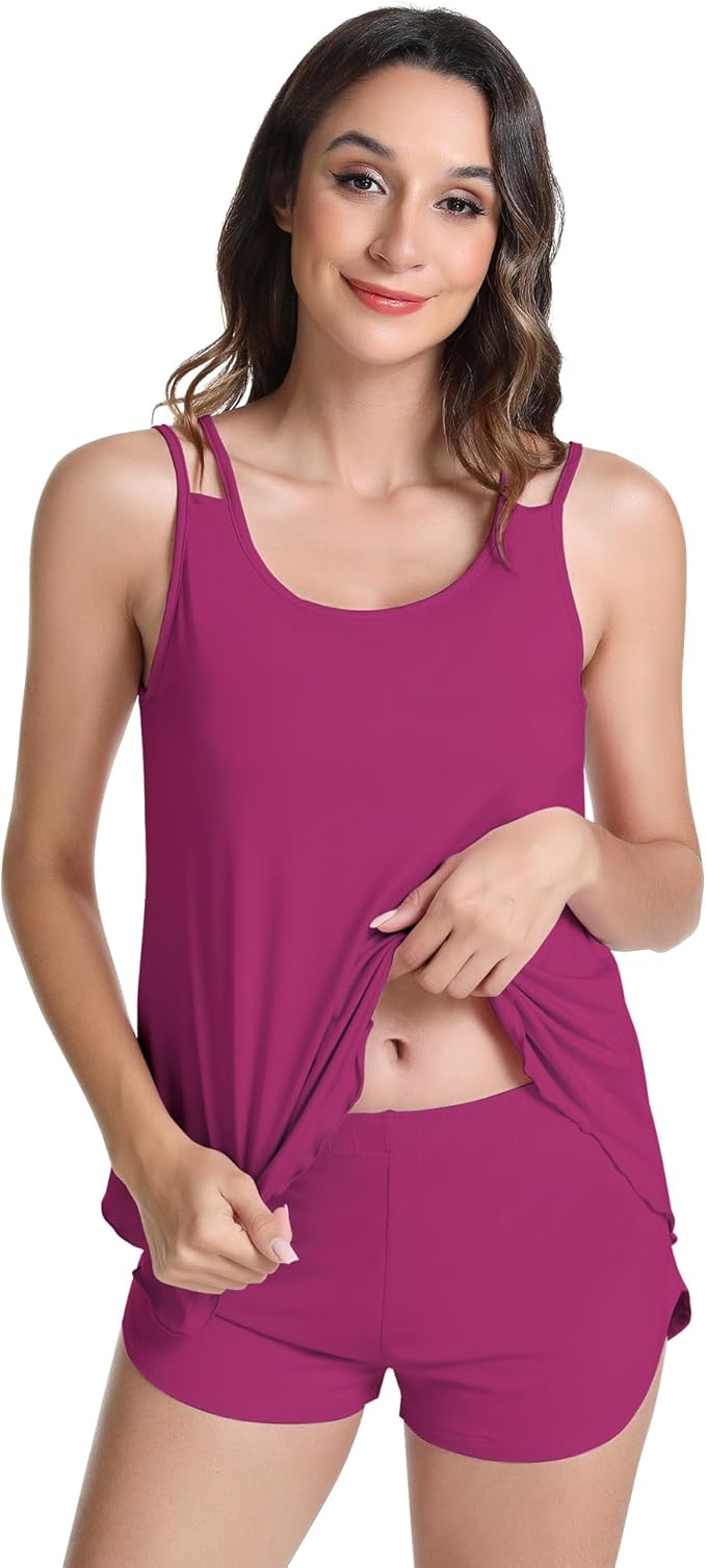 NACHILA Pajamas for Women-Viscose from Bamboo, Ribbed Racerback Tank Top Sexy Split Shorts Pajama Sets Cooling Sleep Cami Pjs