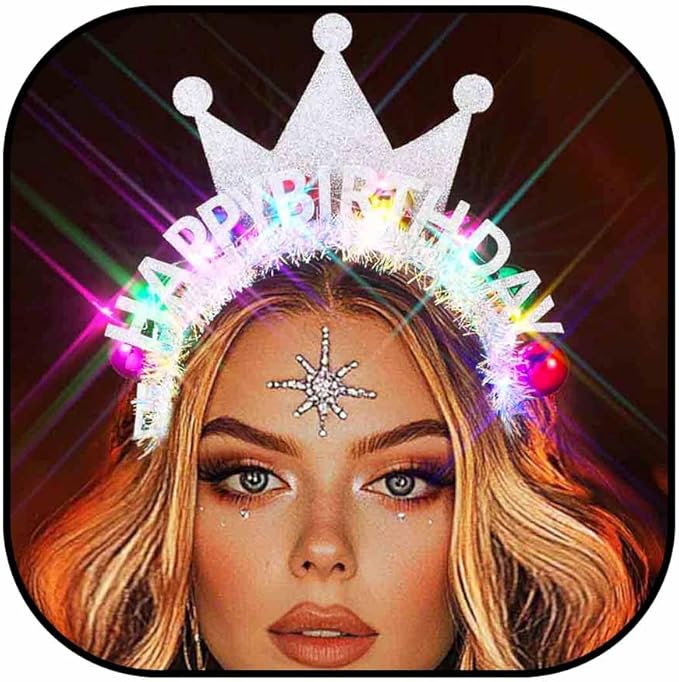 Zoestar Light Up Happy Birthday Crown Headband Glow Ball Hair Bands Led Birthday Party Hair Accessories Women
