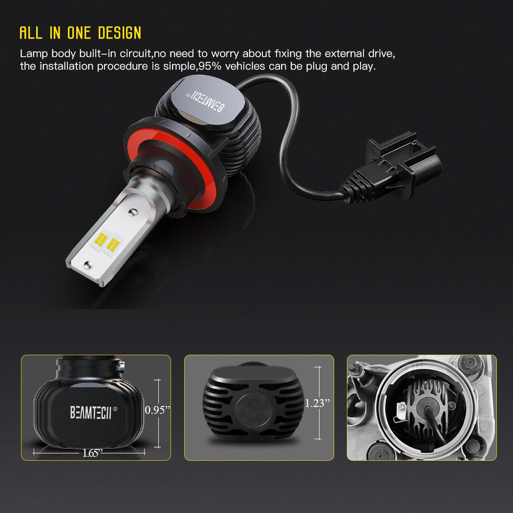 BEAMTECH H13/9008 Bulbs, S1 Series Fanless 300% Brighter 6500K White Fog Light for Car Powersports ATV UTV, Pack of 2