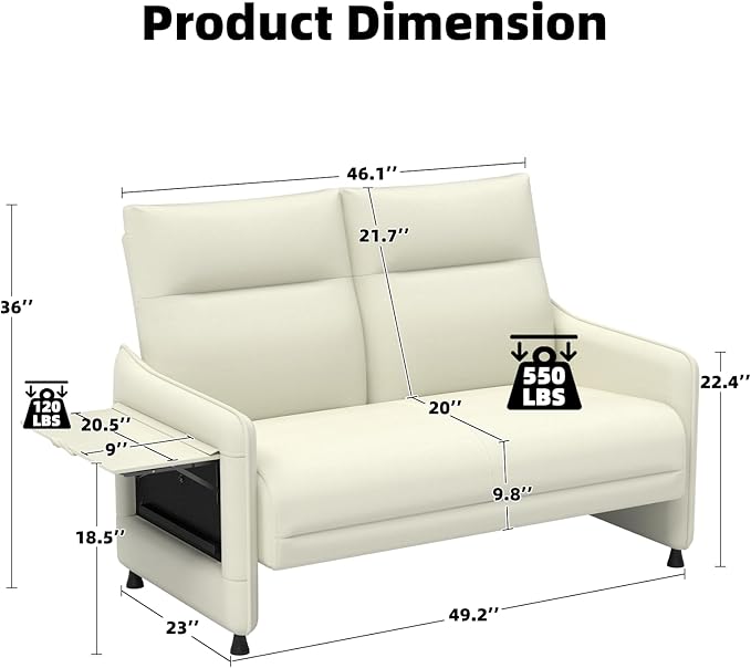 Tbillionnext Faux Leather Loveseat, Upholstered Loveseat with Hidden Foldable Tray & Side Pocket, Rear Contour Arm Design, Modern 2-Seater Sofa Couch for Small Spaces, Bedroom, Beige