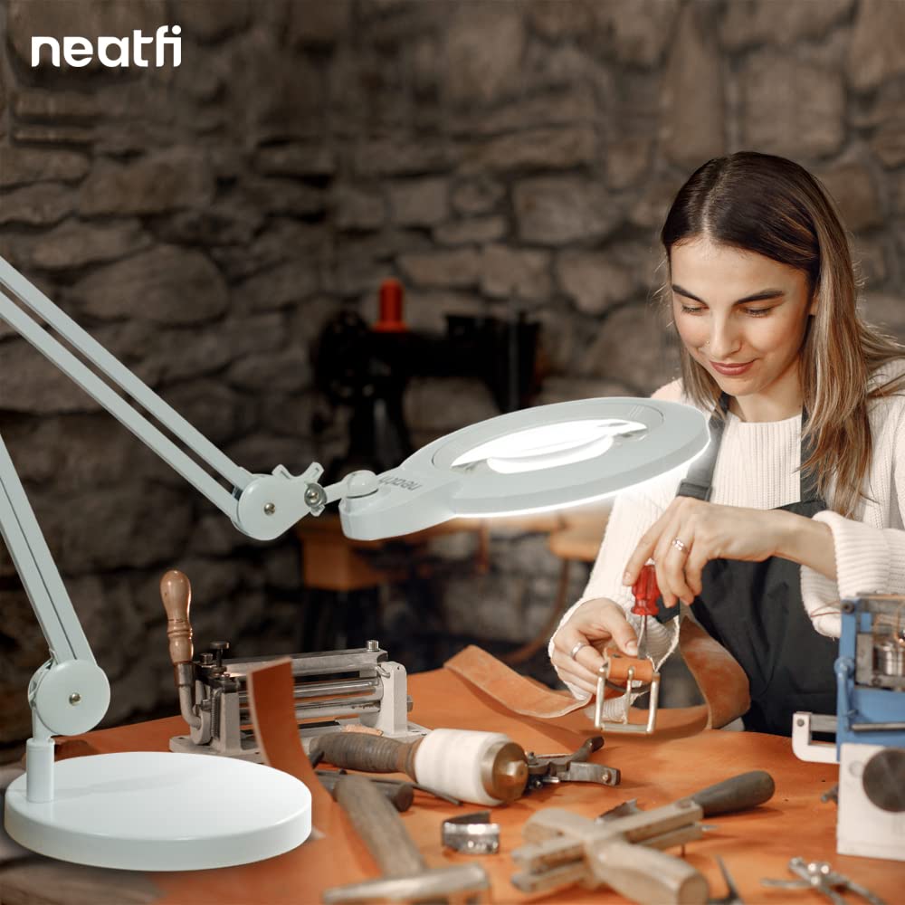 Neatfi XL Bifocal LED Magnifying Lamp, 7-Inch Acrylic Lens, 5D/20D Magnification, Hands-Free, Dimmable, 84 SMD LED, Adjustable Arm for Crafts, Reading, Close Work (White, with Base)