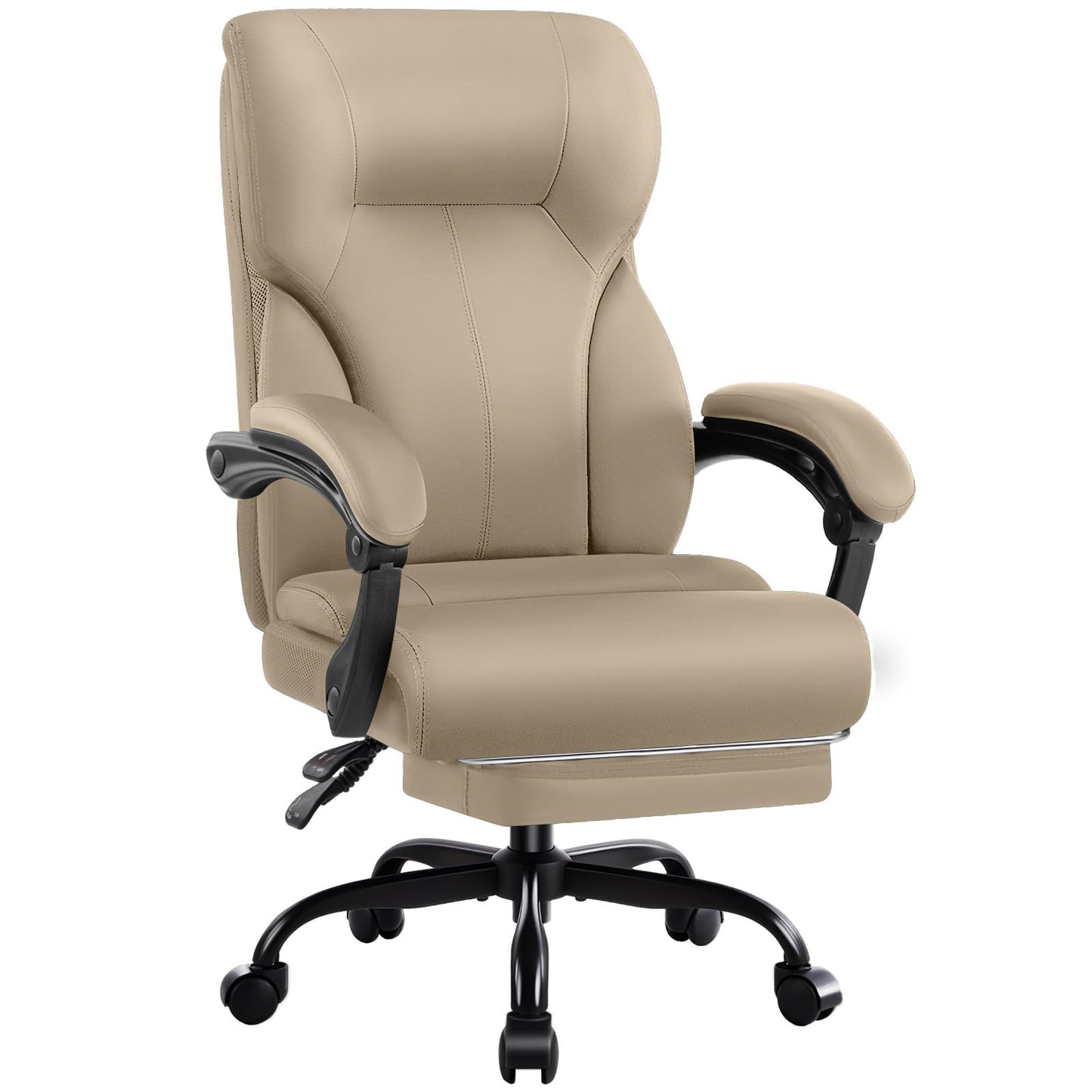 Executive Office Chair,High Back Ergonomic Comfy Desk Chair with Footrest and Padded Linkage Armrests,PU Leather Heavy Duty Computer Swivel Rolling Task Chair for Home Office,Adults,Khaki