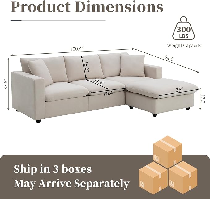KIVENJAJA Beige Cloud Couch for Living Room Apartment Small Spaces, Linen L Shaped Modular Sectional Sofa with Convertible Ottoman Chaise, Modern Minimalist, Metal Frame, 100.4" W 3 Seater