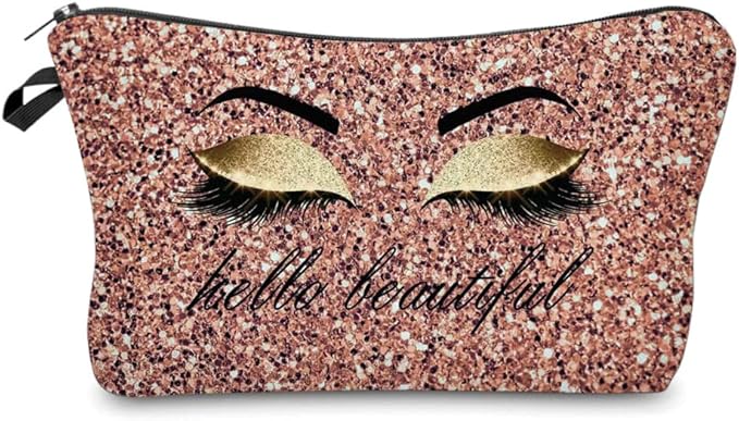 Hello Beautiful Makeup Bag for Purse Eyelash Pink Cosmetic Bags for Women Inspirational Gift Small Funny Cosmetics Glitter...