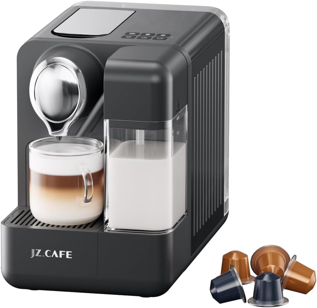 JZ.CAFE Espresso Machine with Integrated Automatic Milk Frother - Single-Serve Coffee Maker Capsule Compatible, One Touch Latte & Cappuccino, Single or Double Shot Espresso Maker