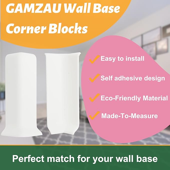 GAMZAU Baseboard Corner Blocks 4inch Height, Self Adhesive 3 Inside + 3 Outside Corners-Connector Between The Cove Base Wall Base Rubber Moulding Trim, Perfect Match for Our S100 Baseboard(White)
