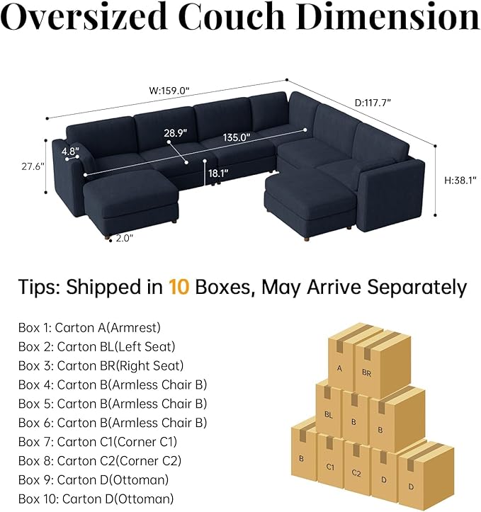 CUGOAO 159'' Modular Sectional Sofa, 8-Seater Oversized U-Shaped Sectional Couch with Ottoman, Deep Seat Chenille Cloud Couch, Mordern Upholstered Couches for Living Room, Apartment, Office, Blue