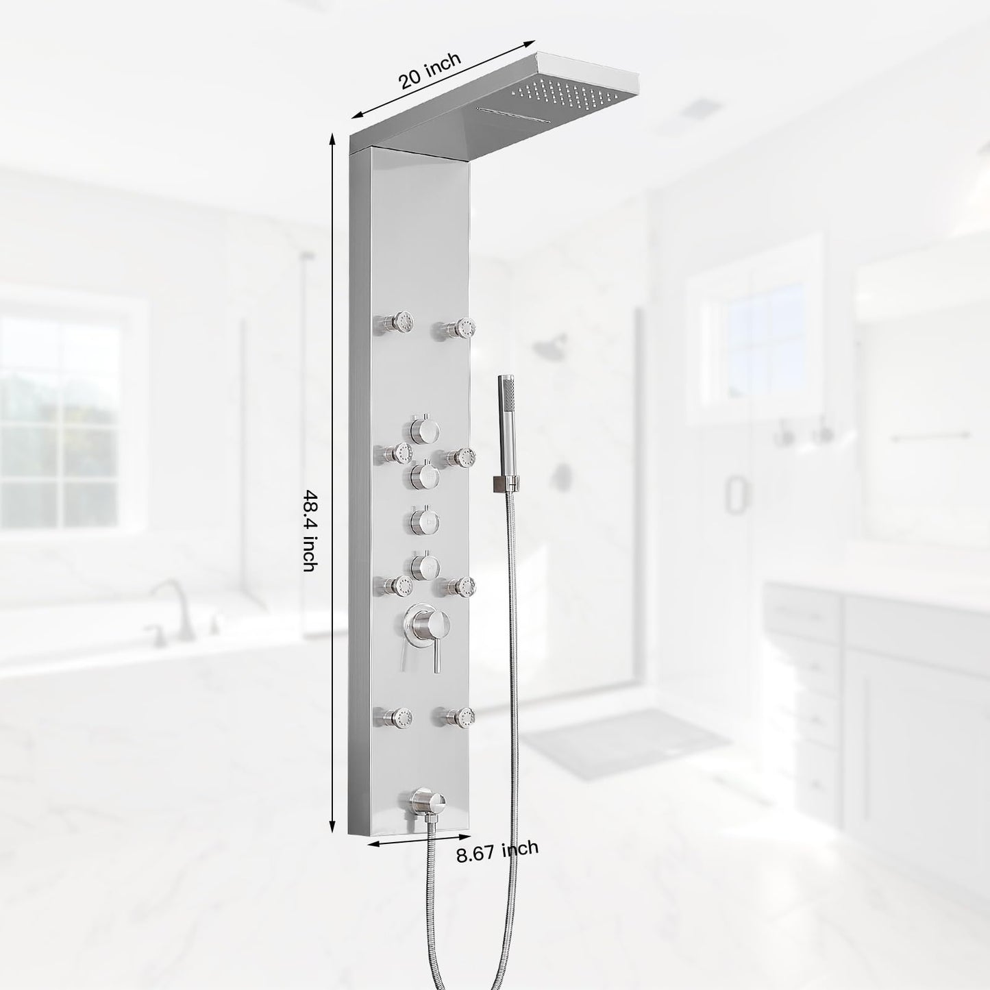 BATHLAVISH Shower Panel Tower System, 4 in 1 Stainless Steel Rainfall Shower Panels with 4-Functions, 8 Body Massage Jets, Handheld Head, Wall Mounted Brushed Nickel