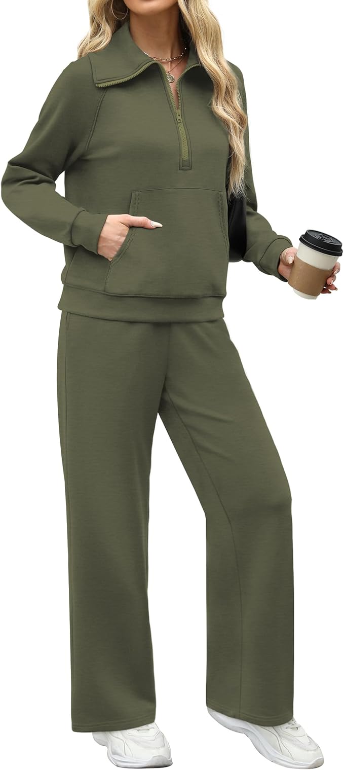 XIEERDUO Lounge Sets For Women 2025 Half Zip Sweatshirt And Wide Leg Sweatpant 2 Piece Outfits Sweatsuit Tracksuit