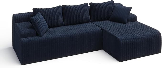 LAUSAINT HOME 96" Modular Sectional Sofa Couches, L-Shaped Boneless Cloud Sofa with 3 Deep Seat, 5 Cushiones Oversized Chaise for Living Room, Bedroom, Plush Corduroy Fabric (Right, Navy Blue)