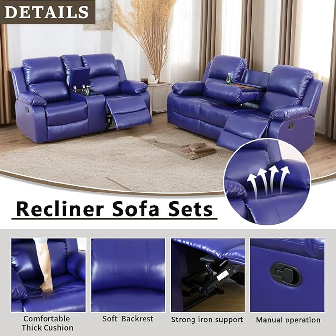 A Ainehome Living Room Furniture Set Leather Recliner Sofa Set Loveseat Chair Furniture Sofa Set for Living Room/Small Space/Rv/House/Office/Theater Seating (A-Blue Leather, Sofa+Loveseat)