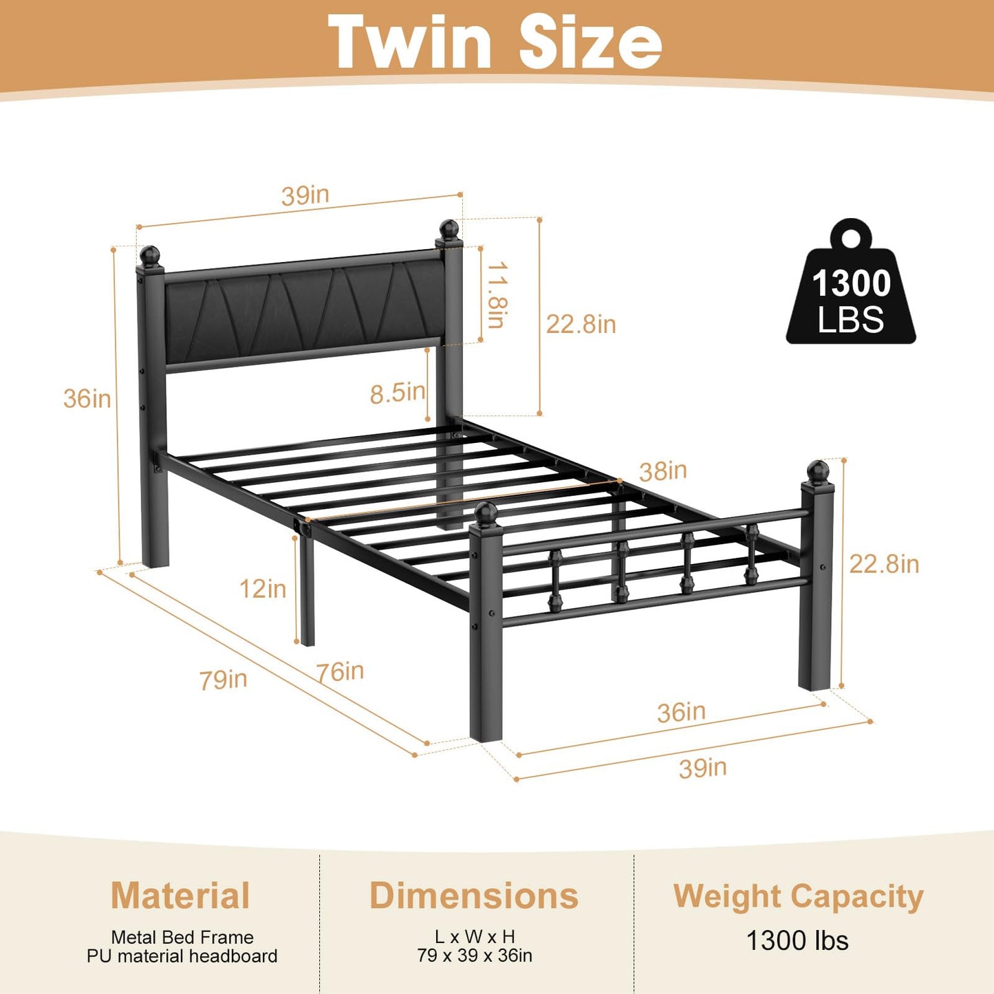 Slumber Haven Platform Bed Frame Twin with Faux Leather Headboard, Twin Size Bed Frames with 1300lbs Capacity Heavy Duty Metal Slats Support, No Box Spring Needed/Noise-Free/Easy Assembly, Black
