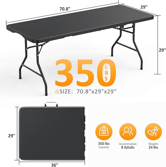 Fenbeli Upgraded 18% Thickened Folding Table 6ft Made of HDPE Plastic, Heavy Duty (25lb), Stable Thicker Legs, Dining Indoor Outdoor for Camping, Picnic and Party, Black