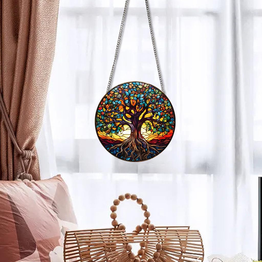 Tree of Life Stained Window Hangings with Chain – Acrylic Tree Ornament for Garden, Patio and Indoor Decor, Housewarming Gift for Mom, Grandma