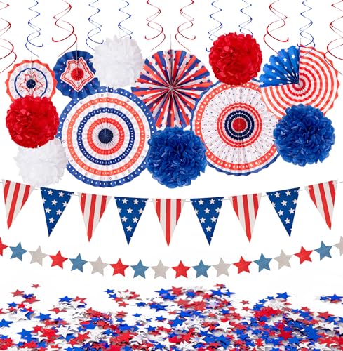 29PCS 4th/Fourth of July Patriotic Decorations Set - Red White Blue Paper Fans,USA Flag Pennant,Star Streamer,Pom Poms,Han...