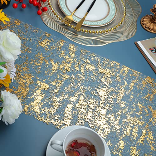 Snowkingdom 2 Pieces Gold Table Runner, Sequin Glitter Foil Metallic Thin Mesh Runner Roll 11"x108", Gold Table Decoration...