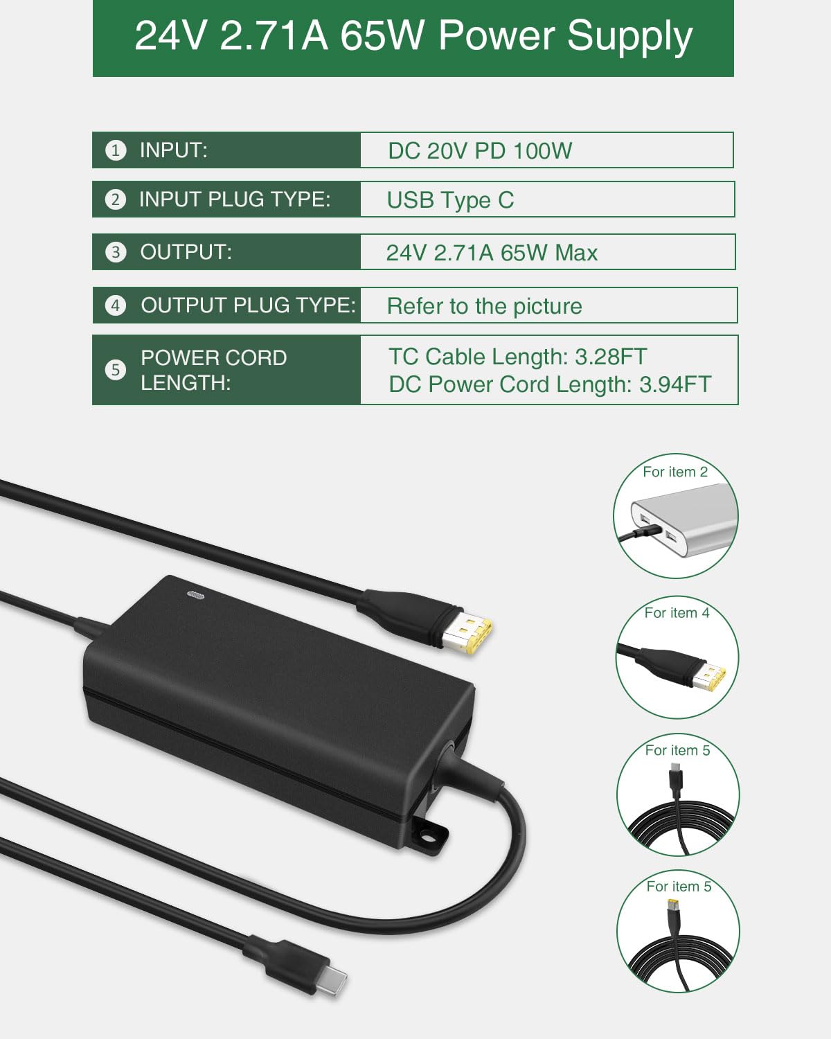 CPAP Machines Power Cord - 24V 65W Charger for ResMed Airsense 11 Air11 S11 AirMini AutoSet Elite 39205 E1399, 【20V PD 100W USB-C Port Converter to 24 Volt CPAP Port】