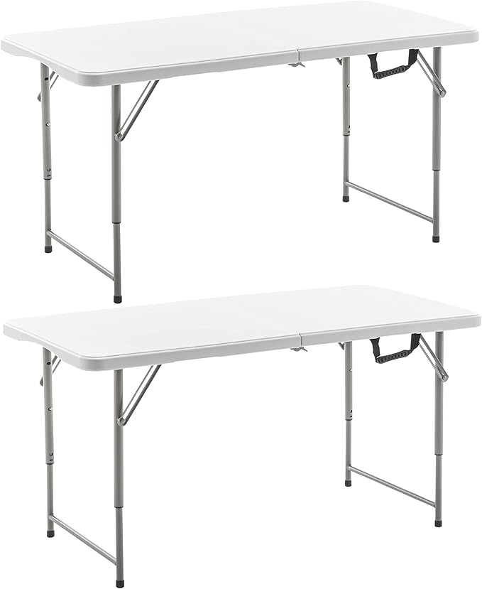 BTEXPERT Set of 2, 4 Feet Plastic Folding Table Height Adjustable Portable Carrying Handle Indoor Outdoor Picnic Camping O...
